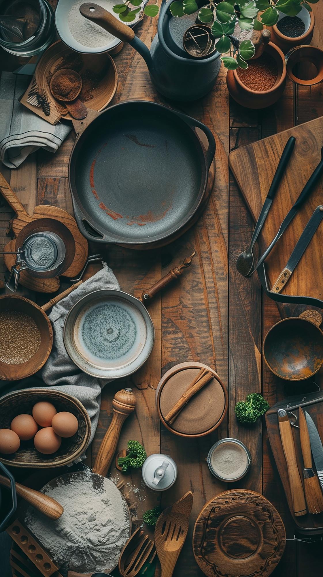 Tavolo con ingredienti organizzati e strumenti da cucina